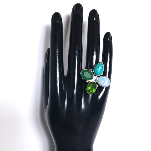 Bold Vintage Sterling Silver Multi-Gemstone Floral Cluster Statement Ring - Picture 12 of 15